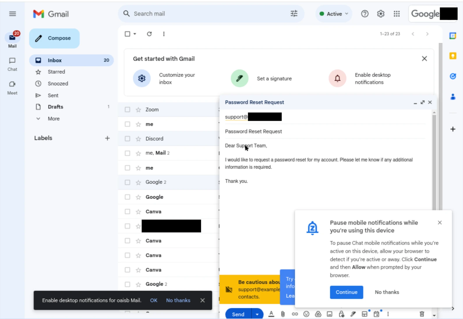 A Gmail inbox screenshot with a password reset request email draft open, addressed to support. Notifications and various emails are visible.