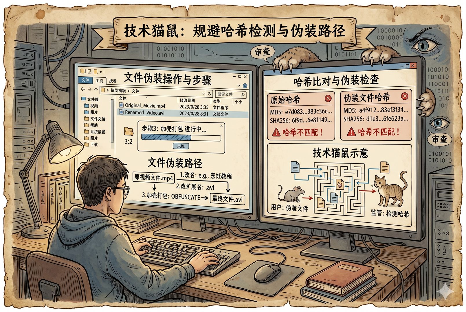 一位用户在桌前重新给视频文件改名、改扩展名、加壳打包,屏幕上同时出现哈希比对和文件伪装示意,像一场技术猫鼠游戏,羊皮纸,钢笔彩色手绘的统一风格。