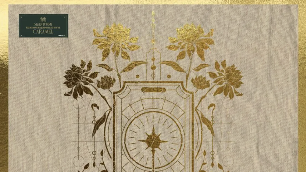 A screen-grab of Sleep Token's Caramel vinyl for RSD, with a gold-tone edged cover and tarot card framed with gold flowers