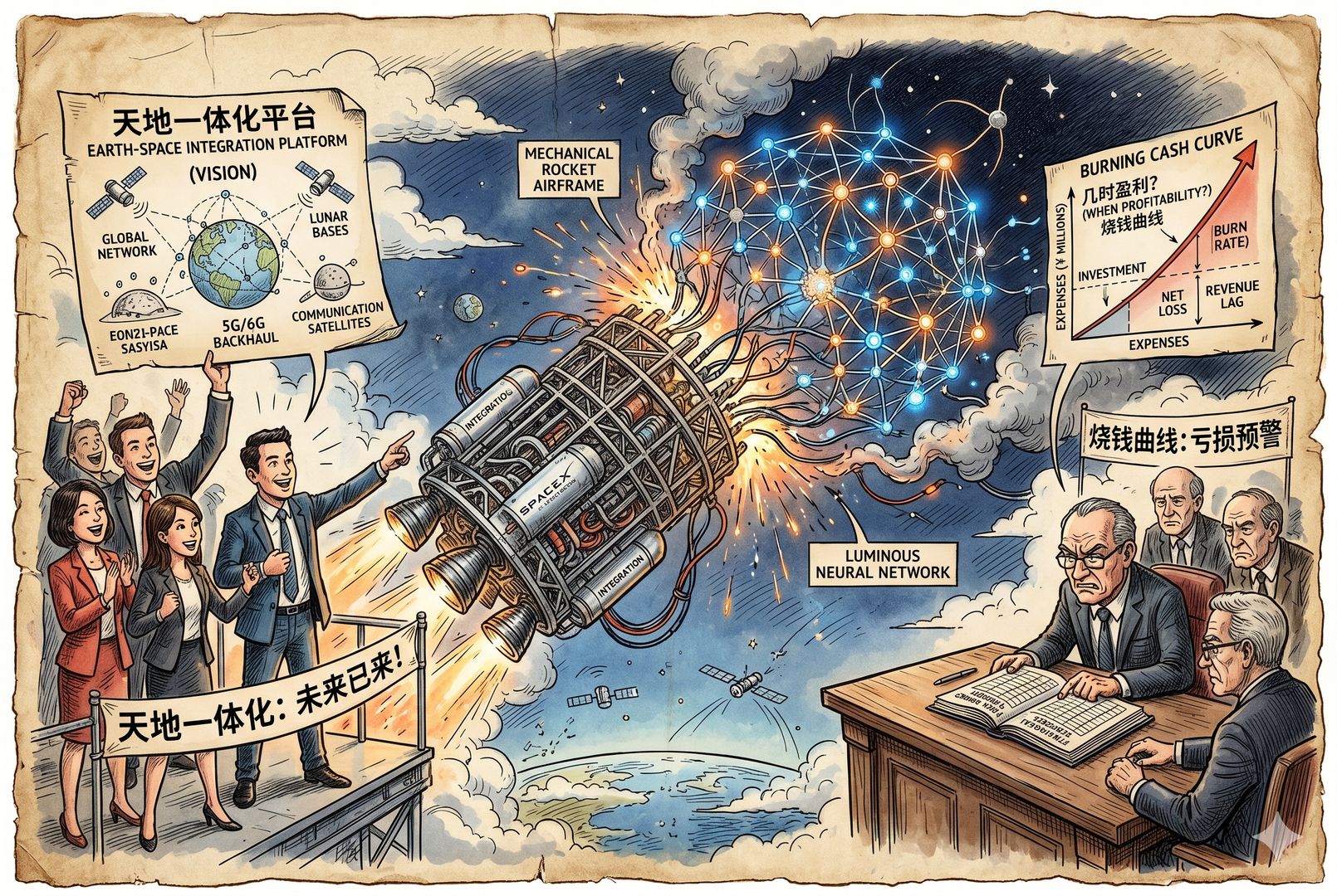 机械火箭骨架与发光神经网络在半空中拼接,一侧是兴奋的投资人描绘天地一体化平台,另一侧是皱眉审账的股东盯着烧钱曲线,形成鲜明对立,羊皮纸,钢笔彩色手绘的统一风格。