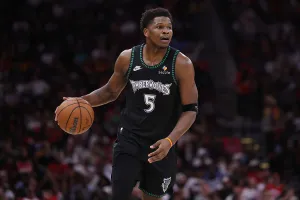 HOUSTON, TEXAS - APRIL 10: Anthony Edwards #5 of the Minnesota Timberwolves brings the ball up court against the Houston Rockets during the second half at Toyota Center on April 10, 2026 in Houston, Texas. NOTE TO USER: User expressly acknowledges and agrees that, by downloading and or using this photograph, User is consenting to the terms and conditions of the Getty Images License Agreement. (Photo by Alex Slitz/Getty Images)