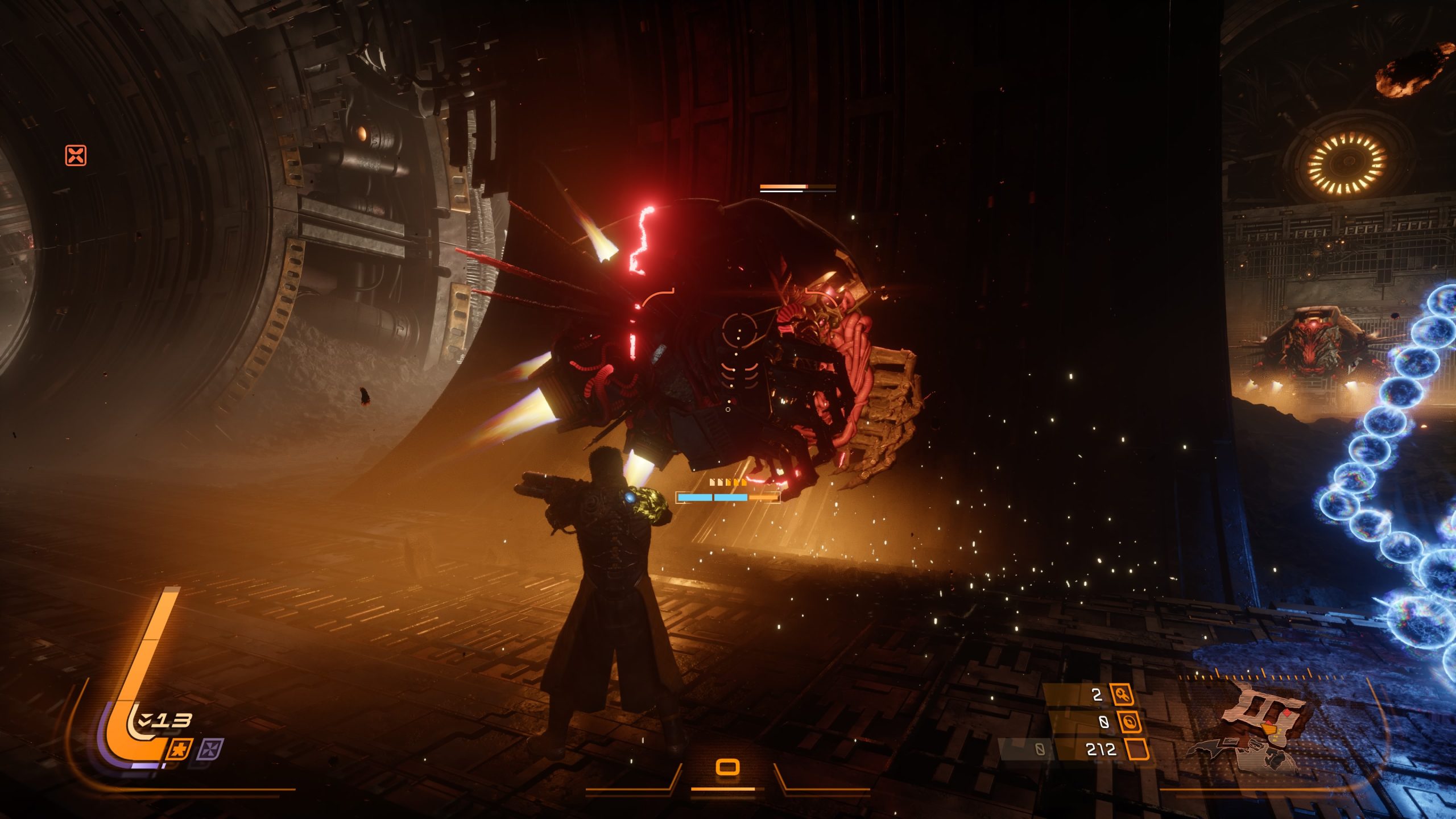 A character in the game 'Saros' battles a large, glowing red robotic enemy inside a dimly lit, metallic environment.