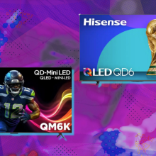 TCL and Hisense TVs with purple abstract background