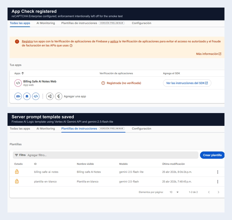 Console evidence showing App Check registered and the server prompt template saved in Firebase AI Logic.