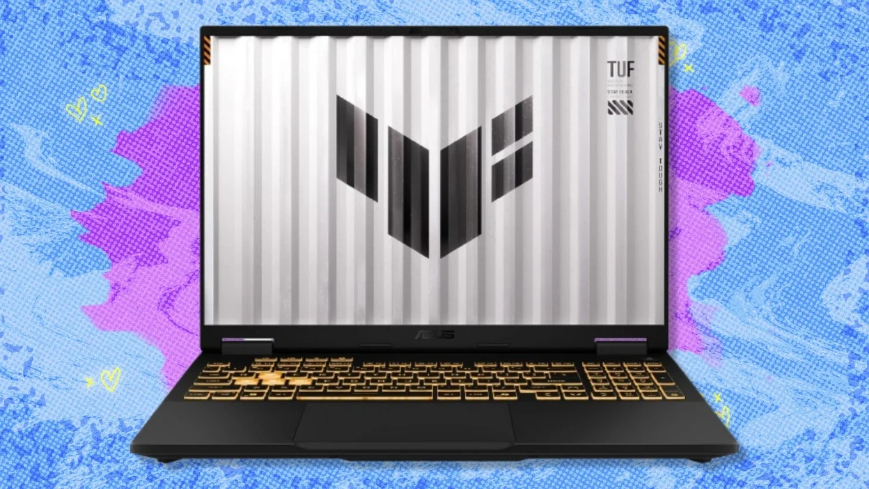 The ASUS TUF Gaming F16 (2025) Gaming Laptop on a blue and purple background
