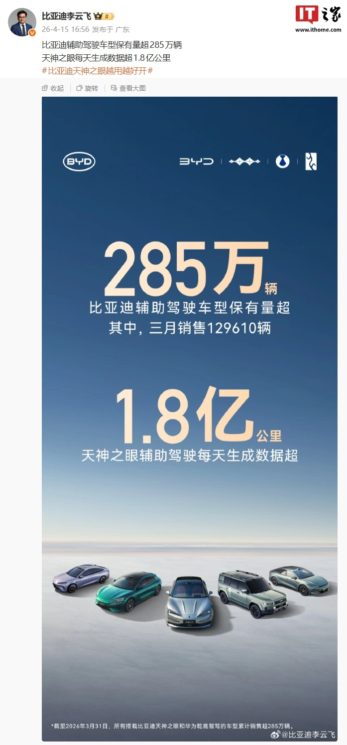 比亚迪辅助驾驶车型保有量超 285 万辆,天神之眼每天生成数据超 1.8 亿公里