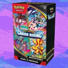 The Pokémon TCG Mega Evolution — Chaos Rising Booster Bundle on a blue and purple background
