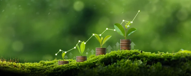 Concept of financial business growth, investment, finance, environment and success. Sapling on a pile of coins with a financial growth graph in investment business