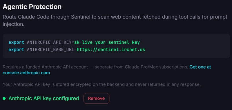 Sentinel-Proxy Anthropic API Configuration Screen