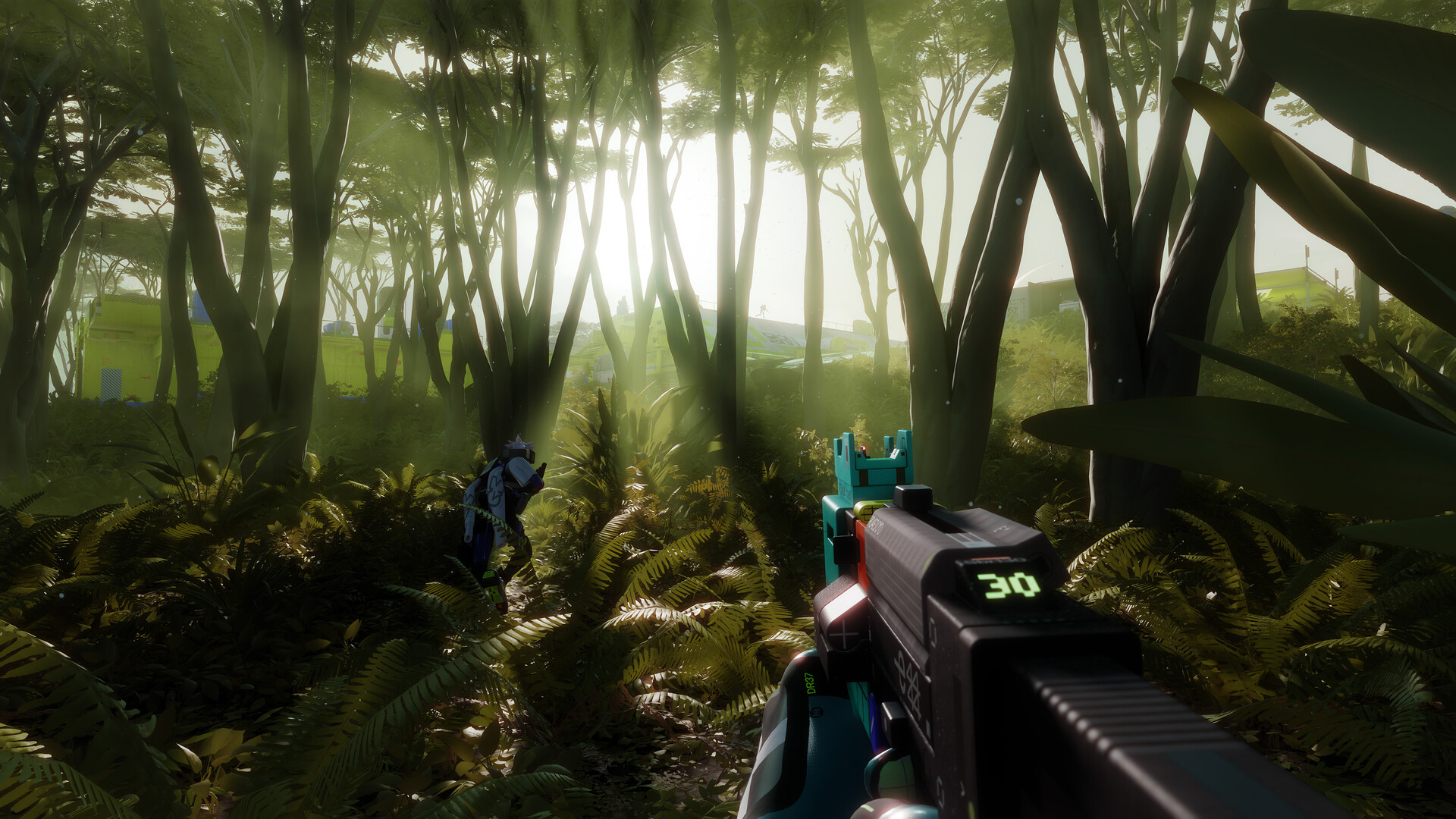 A screenshot from Marathon, showing a first-person view as players move through a wooded area in the Dire Marsh map