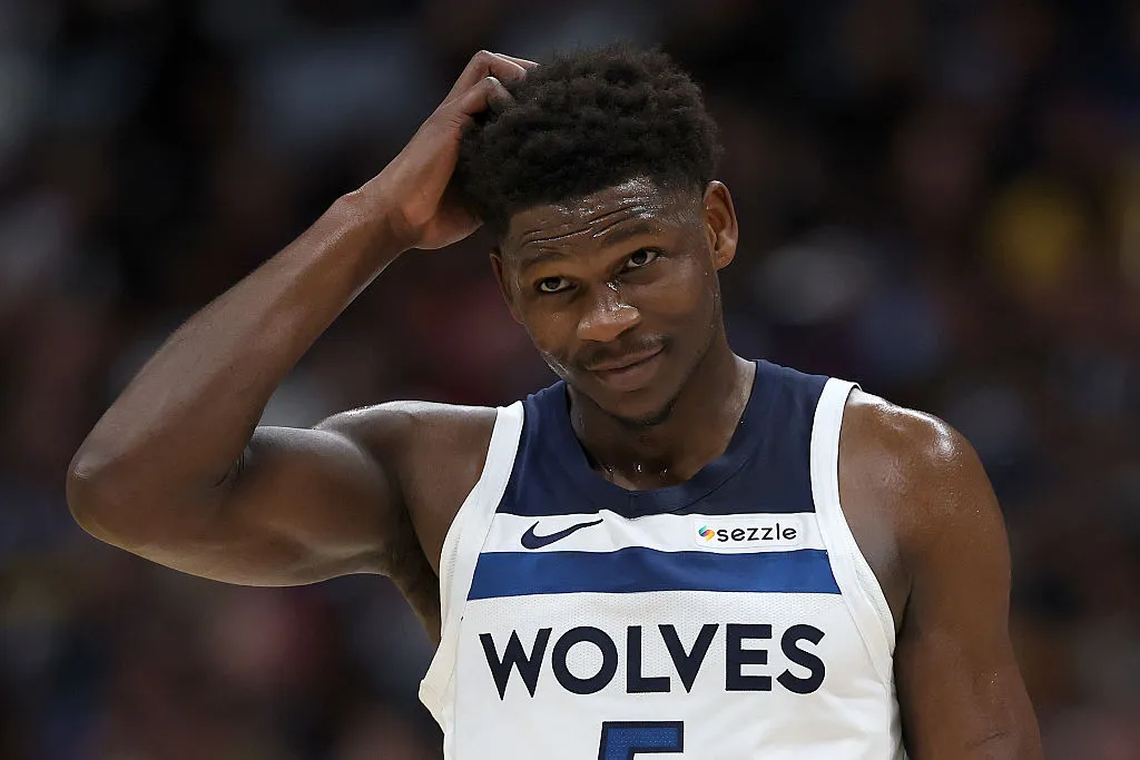 DENVER, COLORADO - APRIL 20: Anthony Edwards #5 of the Minnesota Timberwolves plays the Denver Nuggets in the first quarter during Game Two of the First Round of the NBA Western Conference Playoffs at Ball Arena on April 20, 2026 in Denver, Colorado. NOTE TO USER: User expressly acknowledges and agrees that, by downloading and or using this photograph, User is consenting to the terms and conditions of the Getty Images License Agreement. (Photo by Matthew Stockman/Getty Images)