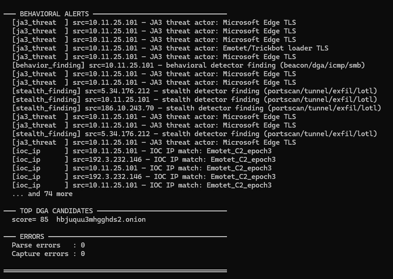 SNF output files: all_flows, devices, dns, fingerprints, ioc_hits, threats, tls, top_flows in both NDJSON and CSV
