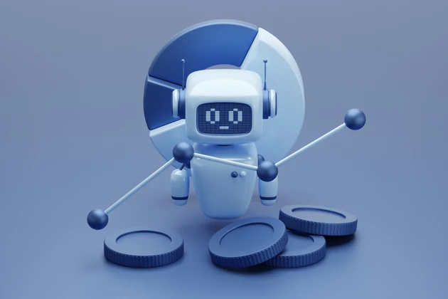 Cute Blue Finance Robot With Pie Chart And Coins Representing AI Analytics And Digital Economy