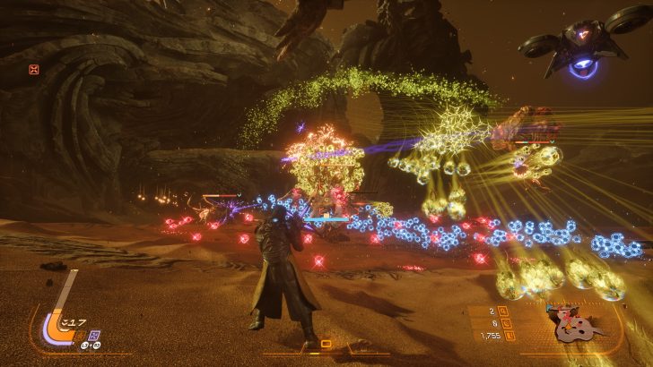 A character in The First Descendant engages in a colorful combat scene with glowing projectiles against a rocky, alien landscape.