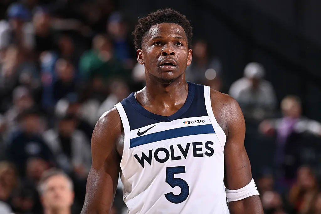 INGLEWOOD, CA - FEBRUARY 26: Anthony Edwards #5 of the Minnesota Timberwolves looks on during the game against the LA Clippers on February 26, 2026 at Intuit Dome in Los Angeles, California. NOTE TO USER: User expressly acknowledges and agrees that, by downloading and/or using this Photograph, user is consenting to the terms and conditions of the Getty Images License Agreement. Mandatory Copyright Notice: Copyright 2026 NBAE (Photo by Juan Ocampo/NBAE via Getty Images)