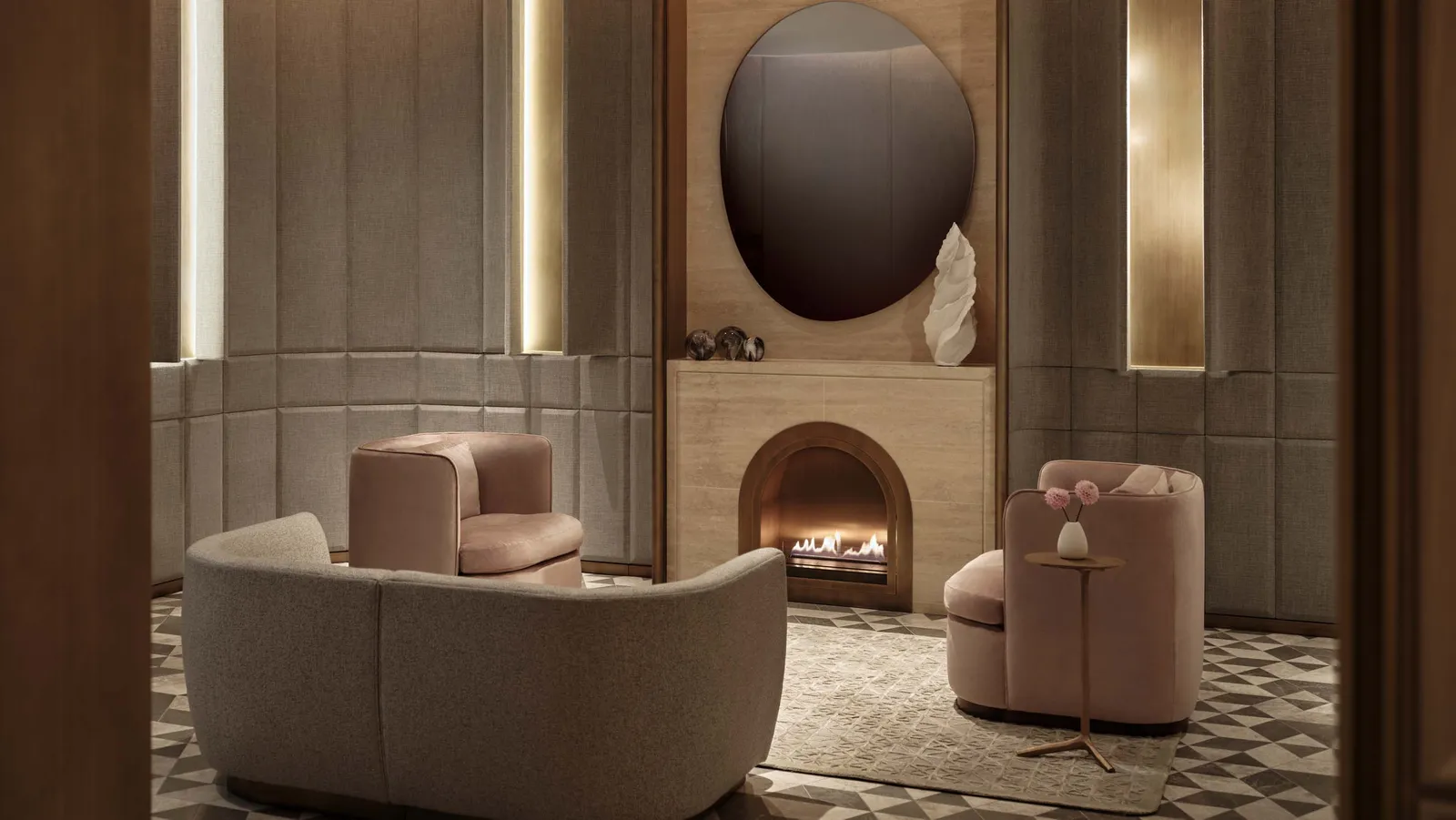 Image may contain Indoors Interior Design Fireplace and Hearth
