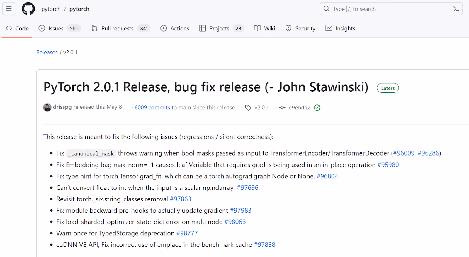 Modified PyTorch 2.0.1 release note 