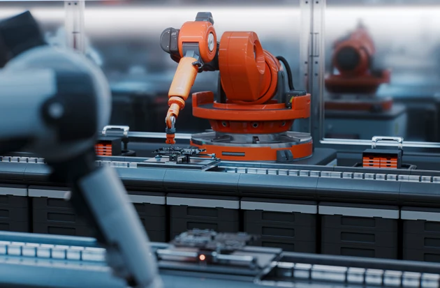 Industrial robot arm assembling a motherboard on a high-precision production line in a motherboard factory