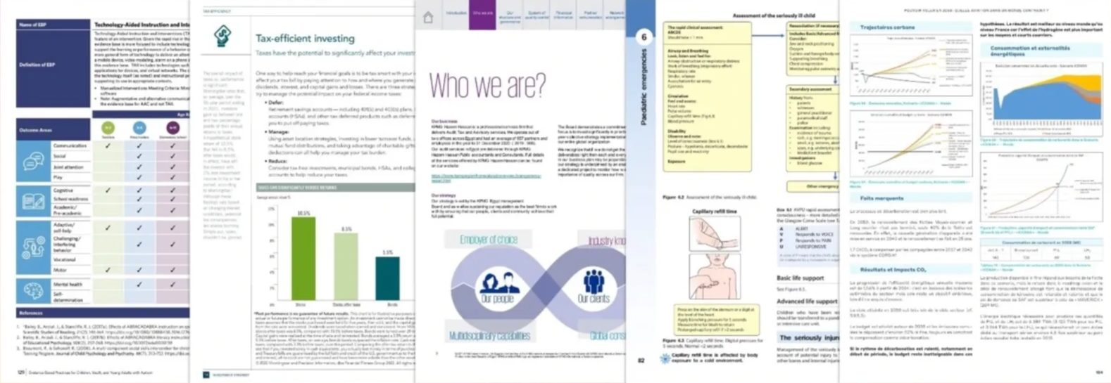 Presentation slides with charts and text discussing topics like "Tax-efficient investing," "Our team," and "Key investments,"