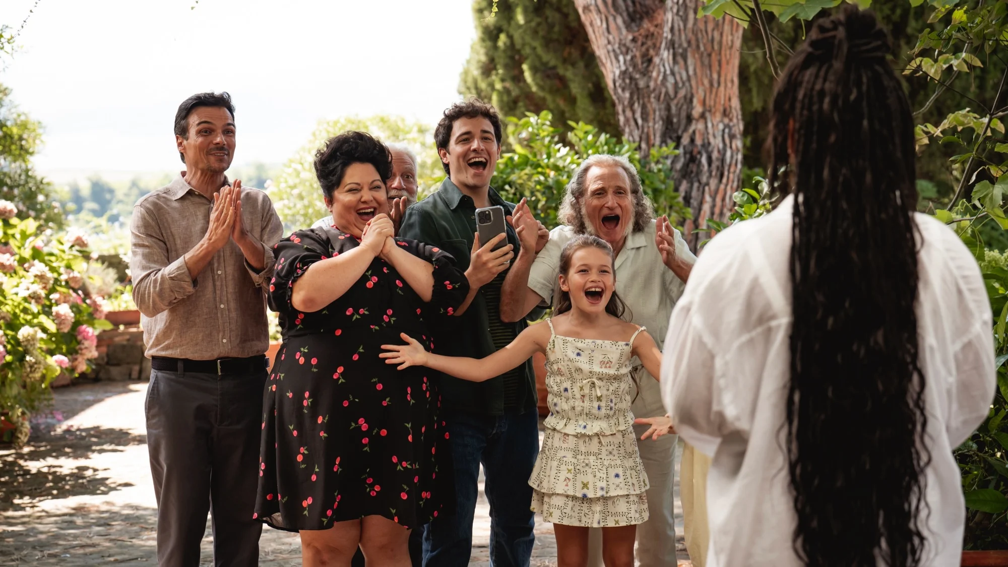 Luca Setaccioli, Stella Pecollo, Agazio Olanda, Tommaso Cassissa, Beatrice Skyler Rigel, Giacomo Giacopini, and Halle Bailey in "You, Me & Tuscany."