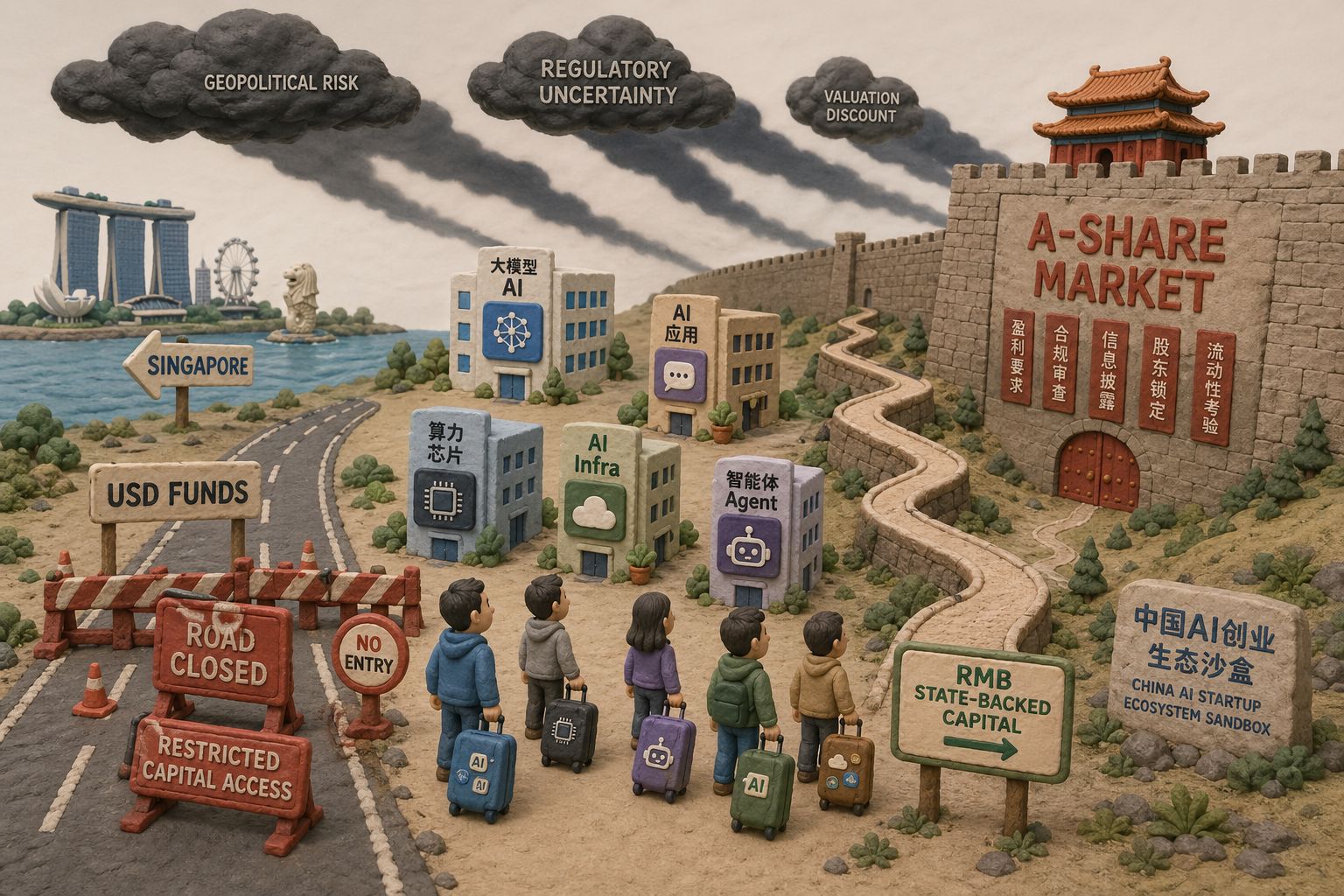 一片中国AI创业生态沙盘,美元基金道路被红色路障封住,人民币国资道路狭窄曲折通向A股高墙,几家AI初创小楼拖着行李箱望向新加坡方向,天空有长长的风险阴影,浅色背景的商业评论版橡皮泥平面信息图的统一风格。