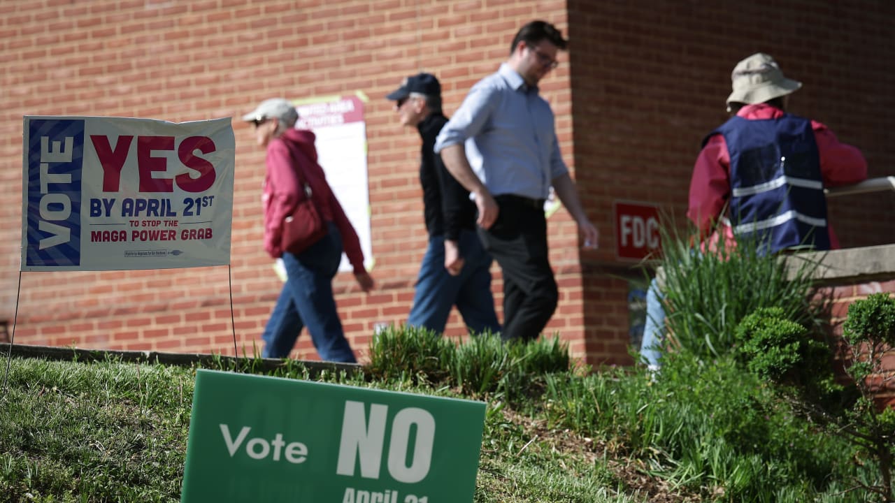 Voters arrive before casting their ballots at a polling location at the Westover Library on April 21, 2026 in Arlington, Virginia. Voters arrive before casting their ballots at a polling location at the Westover Library on April 21, 2026 in Arlington, Virginia.