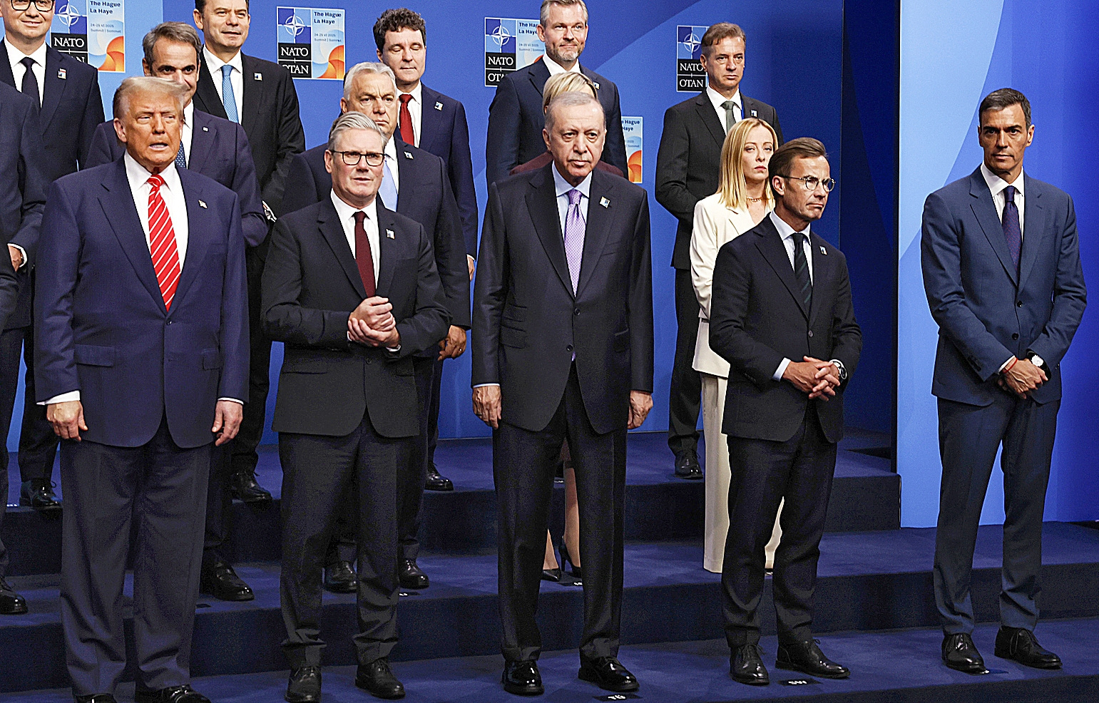 El presidente del Gobierno espa�ol, Pedro S�nchez; el presidente estadounidense, Donald Trump; el turco, Recep Tayyip Erdoan; y la primera ministra italiana, Giorgia Meloni,