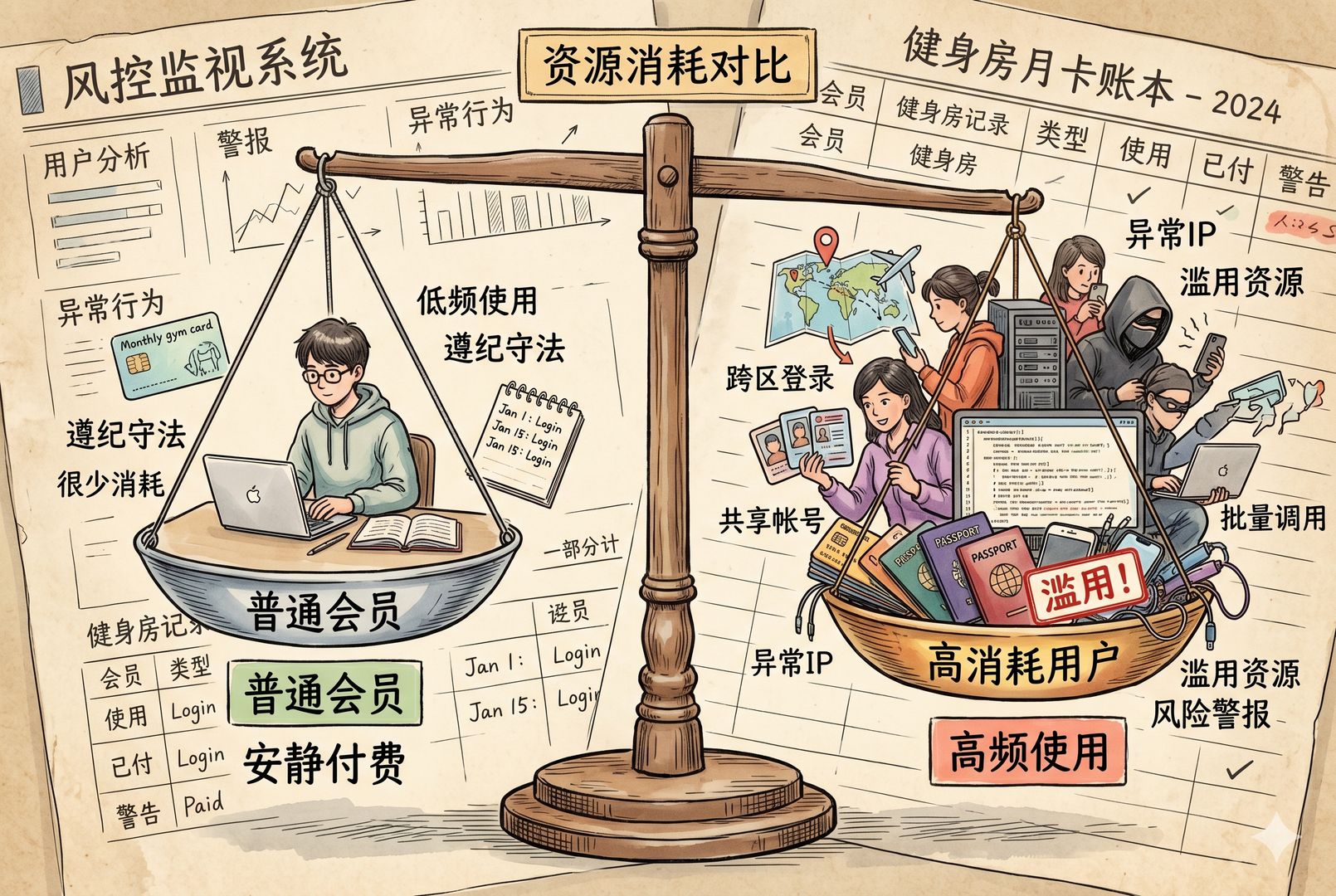 天平两端形成对比,一端是安静付费却低频使用的普通会员,另一端是跨区登录、共享账号、批量调用的高消耗用户,背景像客服风控面板与健身房月卡账本叠合,钢笔彩色手绘的统一风格。