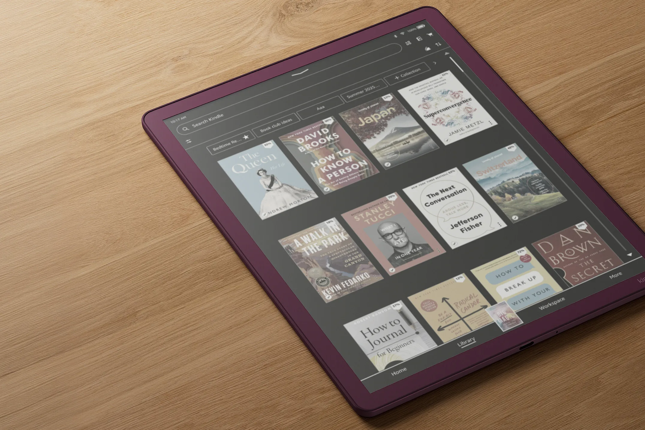 The Amazon Kindle Scribe Colorsoft’s ebook library displayed in a new dark mode.