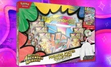 Pokémon TCG: Ascended Heroes Premium Poster Collection (Mega Gardevoir edition) on a pink, purple, and blue background