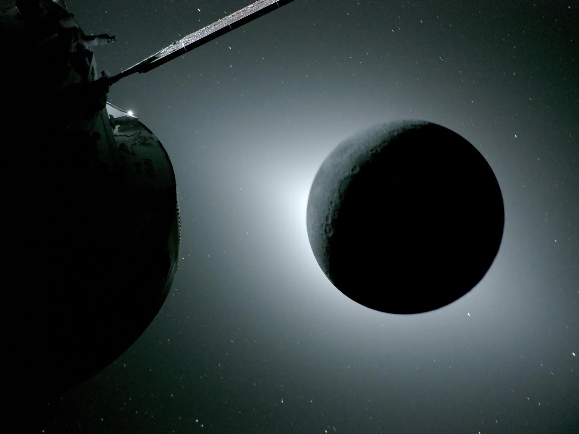 The Orion capsule's exterior camera, which is attached to the spacecraft's solar array wings, snapped an equally impressive shot of the total solar eclipse, as seen in this eerie photo.