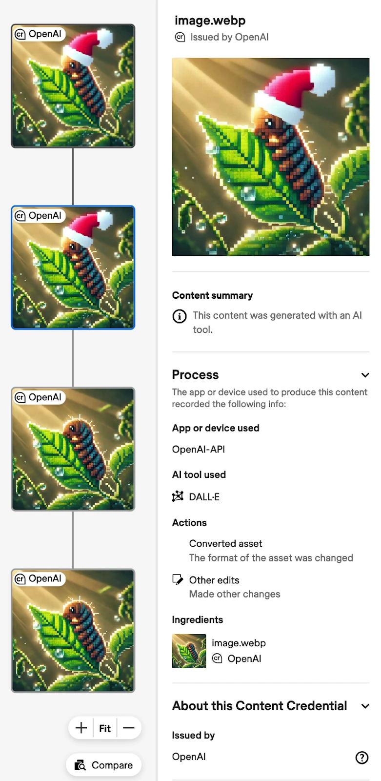 A screenshot displaying a pixel art image of a caterpillar wearing a Santa hat on a leaf. The right side shows content credentials, indicating the image was generated using OpenAI's DALL-E and the format was changed to a webp file.
