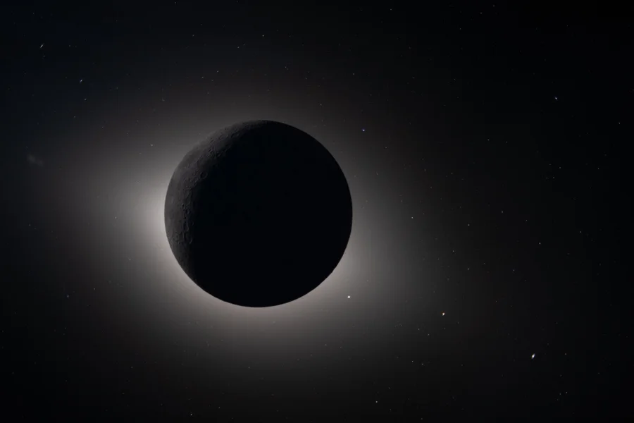 The white corona of the sun shines around the moon, which is almost entirely in shadow. Stars shine around the moon.