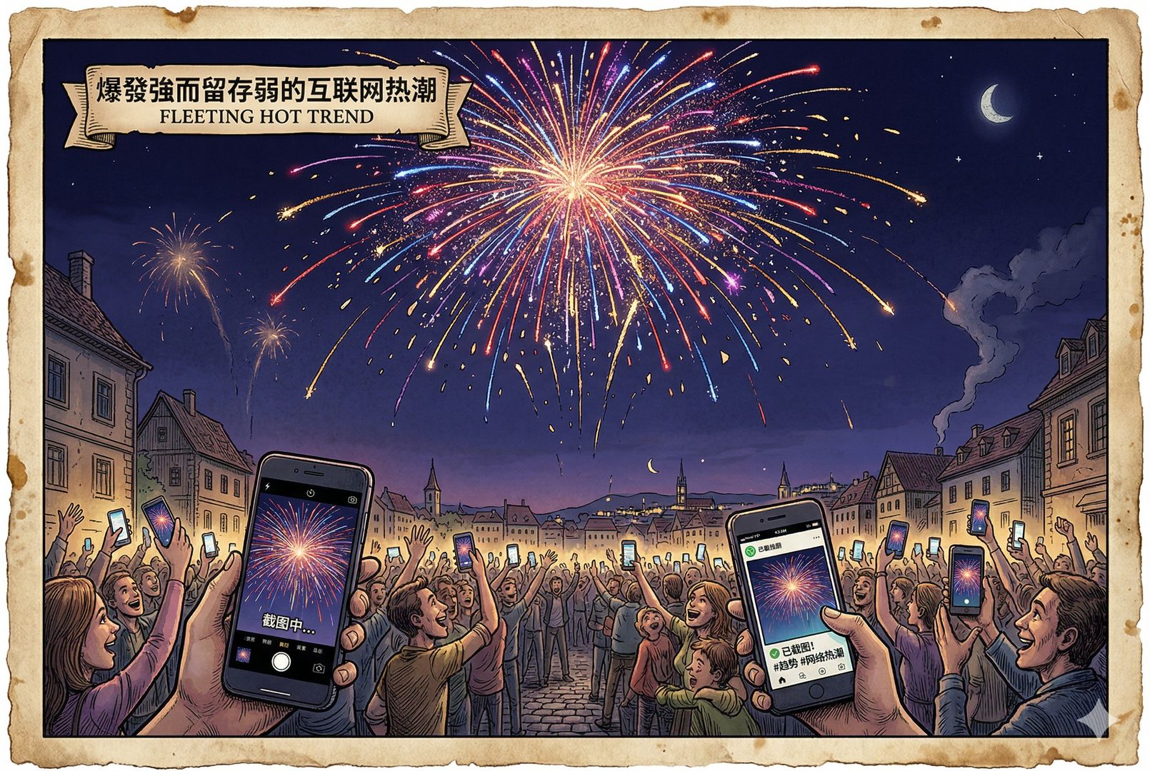 一团绚烂烟花在夜空中刚刚炸开,碎片却迅速飘散,地面上人们举着手机截图欢呼,远处只剩短暂余光,象征爆发强而留存弱的互联网热潮,羊皮纸,钢笔彩色手绘的统一风格。