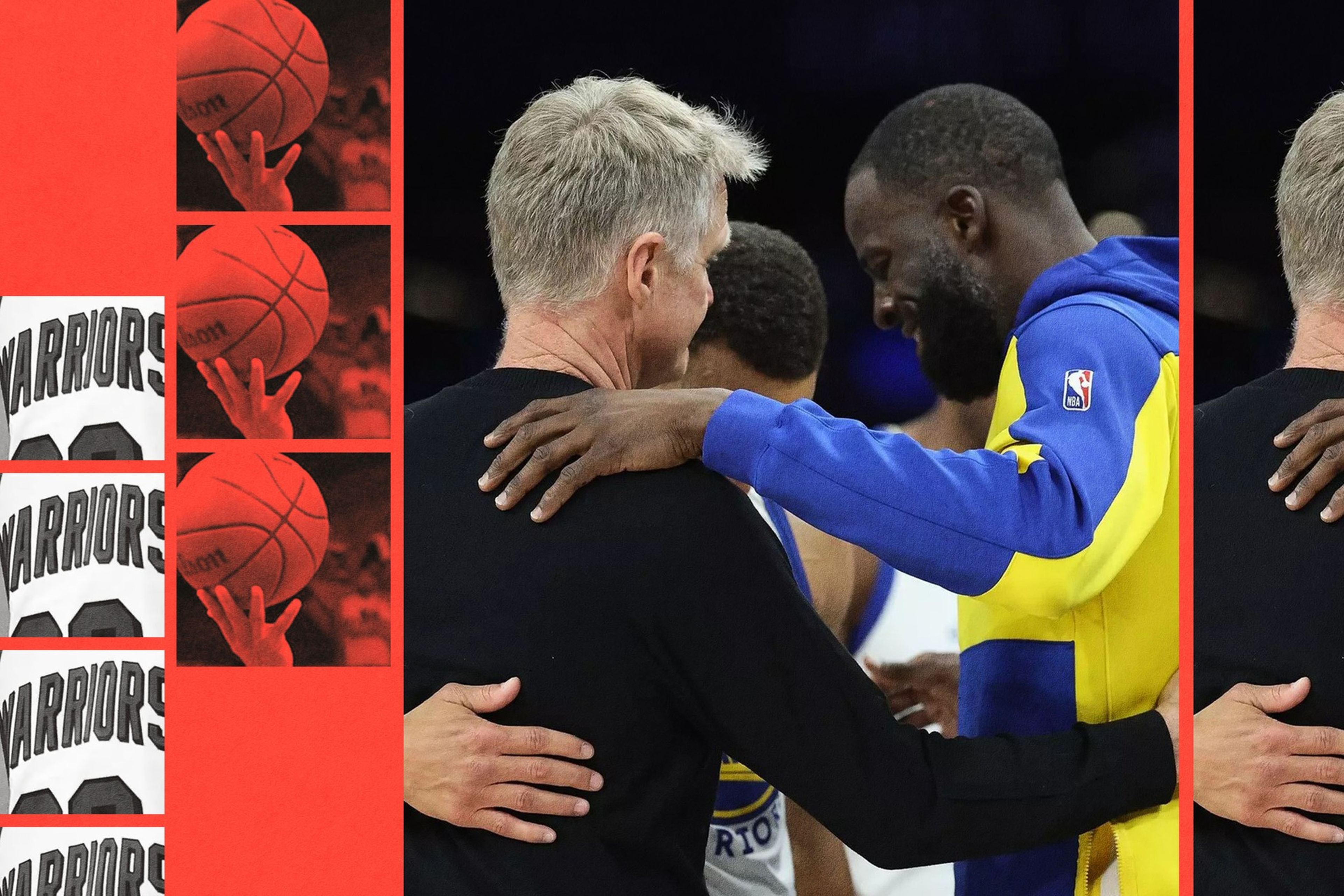 A man in a yellow and blue NBA hoodie embraces a man in a black sweater while another person stands in the background wearing a Warriors jersey.