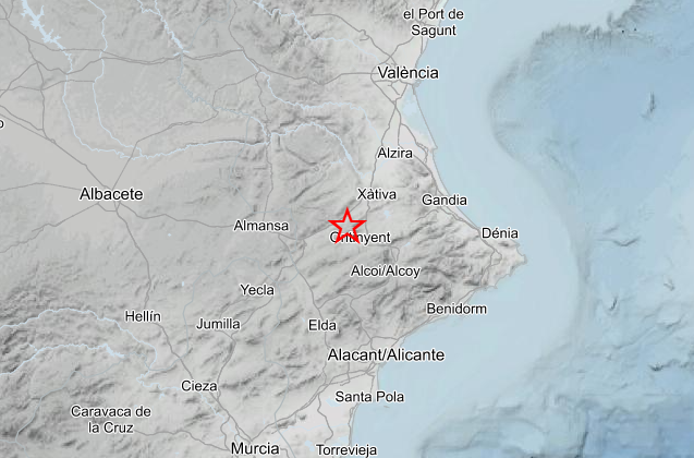 Imagen proporcionada por el Instituto Geogr�fico Nacional con la localizaci�n del terremoto.