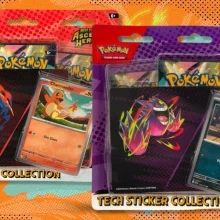 The Pokemon TCG: Ascended Heroes Tech Sticker Collections on a green and orange background background
