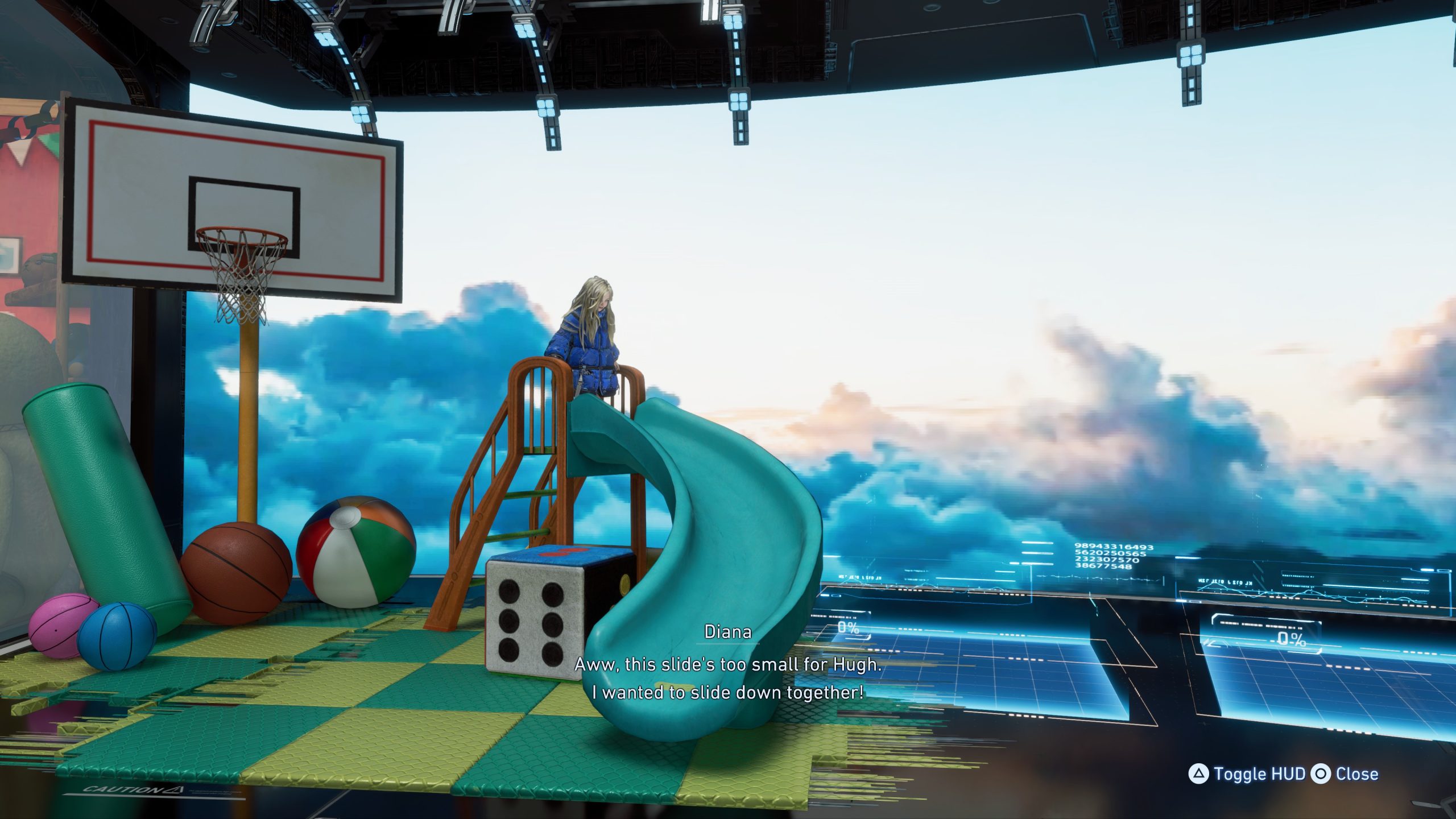 A character named Diana in PRAGMATA stands on a small slide in a futuristic setting with dialogue reading, Aww, this slide's too small for Hugh. I wanted to slide down together!