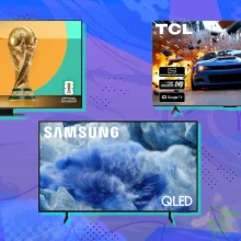 Hisense, TCL, and Samsung TVs with blue and purple abstract background