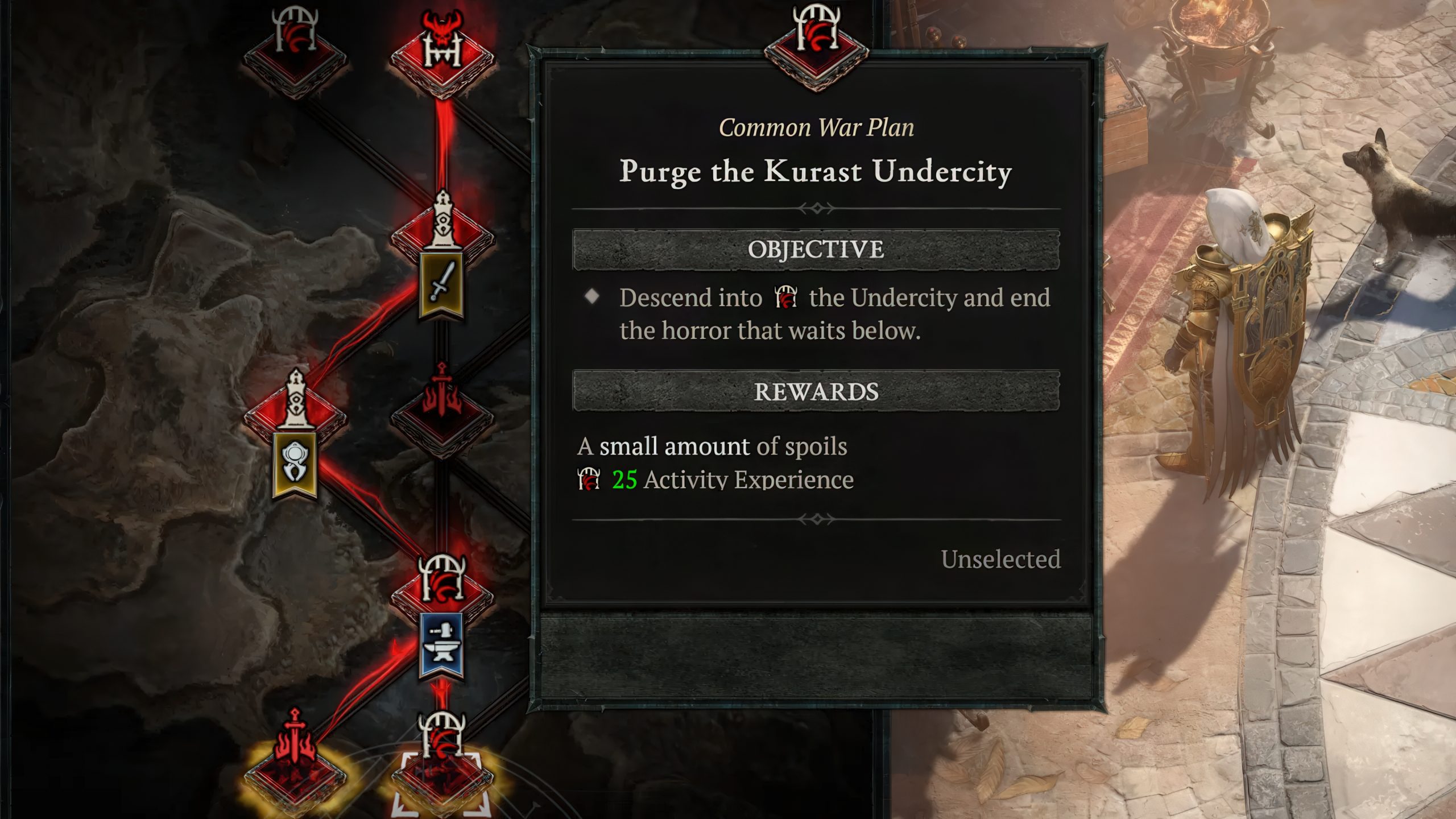 A quest screen in the game 'Diablo IV' shows a mission titled 'Purge the Kurast Undercity,' with an objective to descend into the Undercity and end the horror that waits below and rewards of a small amount of spoils and '25 Activity Experience.'