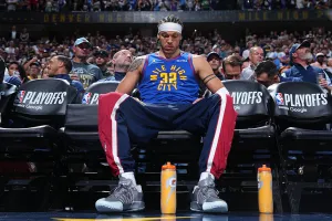 DENVER, CO - APRIL 20: Aaron Gordon #32 of the Denver Nuggets looks on before the game against the Minnesota Timberwolves during Round One Game Two of the 2026 NBA Playoffs on April 20, 2026 at Ball Arena in Denver, Colorado. NOTE TO USER: User expressly acknowledges and agrees that, by downloading and/or using this Photograph, user is consenting to the terms and conditions of the Getty Images License Agreement. Mandatory Copyright Notice: Copyright 2026 NBAE (Photo by Garrett Ellwood/NBAE via Getty Images)