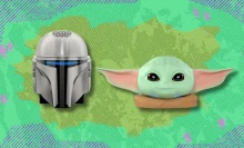 Star Wars Echo Dots on lime green and green abstract background
