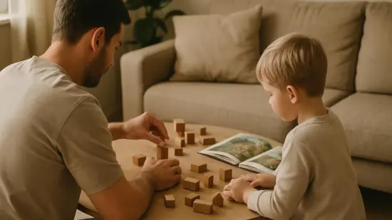 Un adulto y un niño de 4 años juegan juntos en una mesa baja con bloques y libros en casa.