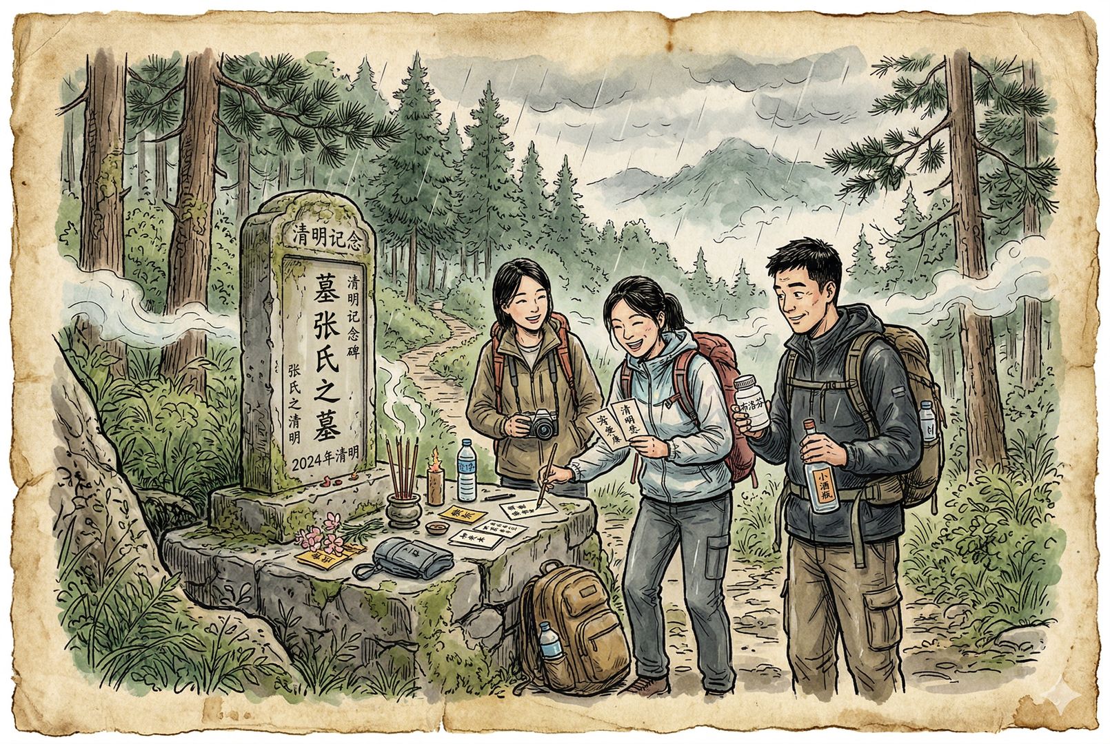 清明时节的山间古墓前,几位年轻人背着双肩包与相机,手里拿着布洛芬、小酒瓶和手写卡片,墓前松柏、薄雾与春雨交织,带有轻微荒诞感的节日出游场景,羊皮纸,钢笔彩色手绘的统一风格。