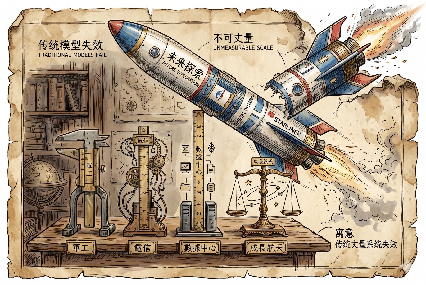 一排旧世界的量具和尺子摆在桌上,分别标着军工、电信、数据中心、成长航天,它们试图丈量一枚冲出边框的巨型火箭,尺度明显失真,寓意传统模型失效,羊皮纸,钢笔彩色手绘的统一风格。