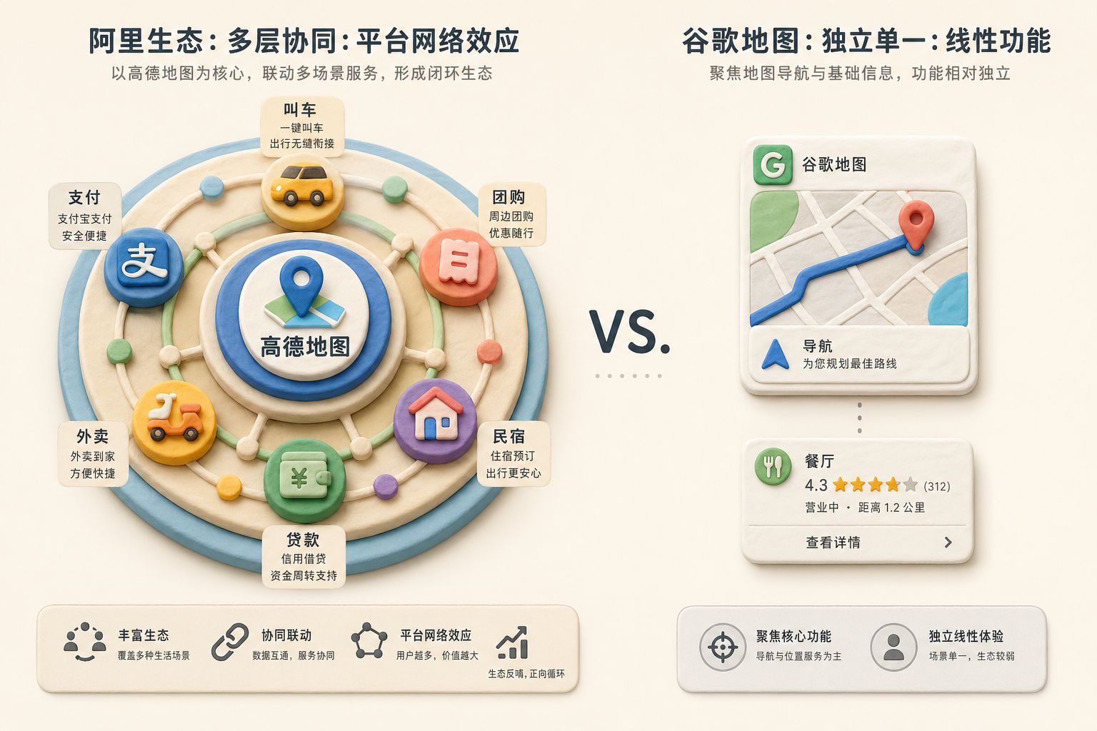 阿里生态像一个多层商业圆盘围绕高德地图旋转,圆盘上有叫车、支付、团购、民宿、外卖、贷款等小模块,另一侧谷歌地图是单独的导航与点评卡片,浅色背景的商业评论版橡皮泥平面信息图的统一风格。