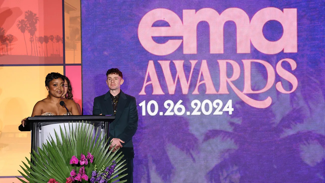 (L-R) Quinta Brunson and Chris Perfetti speak onstage during The 34th Annual EMA Awards Gala honoring Quinta Brunson, sponsored by Toyota, at Radford Studio Center on October 26, 2024 in Studio City, California.