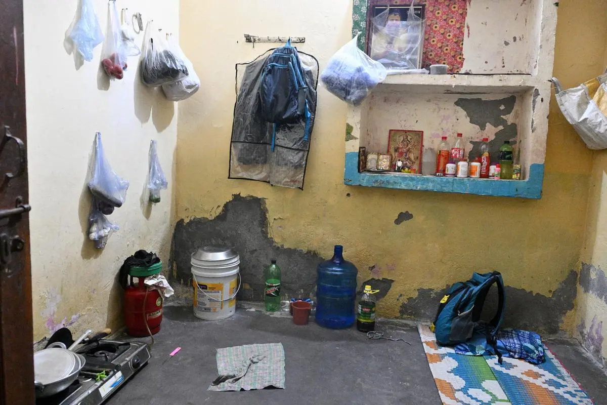 The rented room of a worker who was at the protest, in Nagla Charan Dass, Phase-2, Noida, on April 15, 2026. “We live in one-room hovels paying Rs.4,000-5,000. How are we to survive on wages of Rs.11,000?” asked one worker.