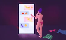 illustration of a woman in her underwear scrolling through a life-size phone.