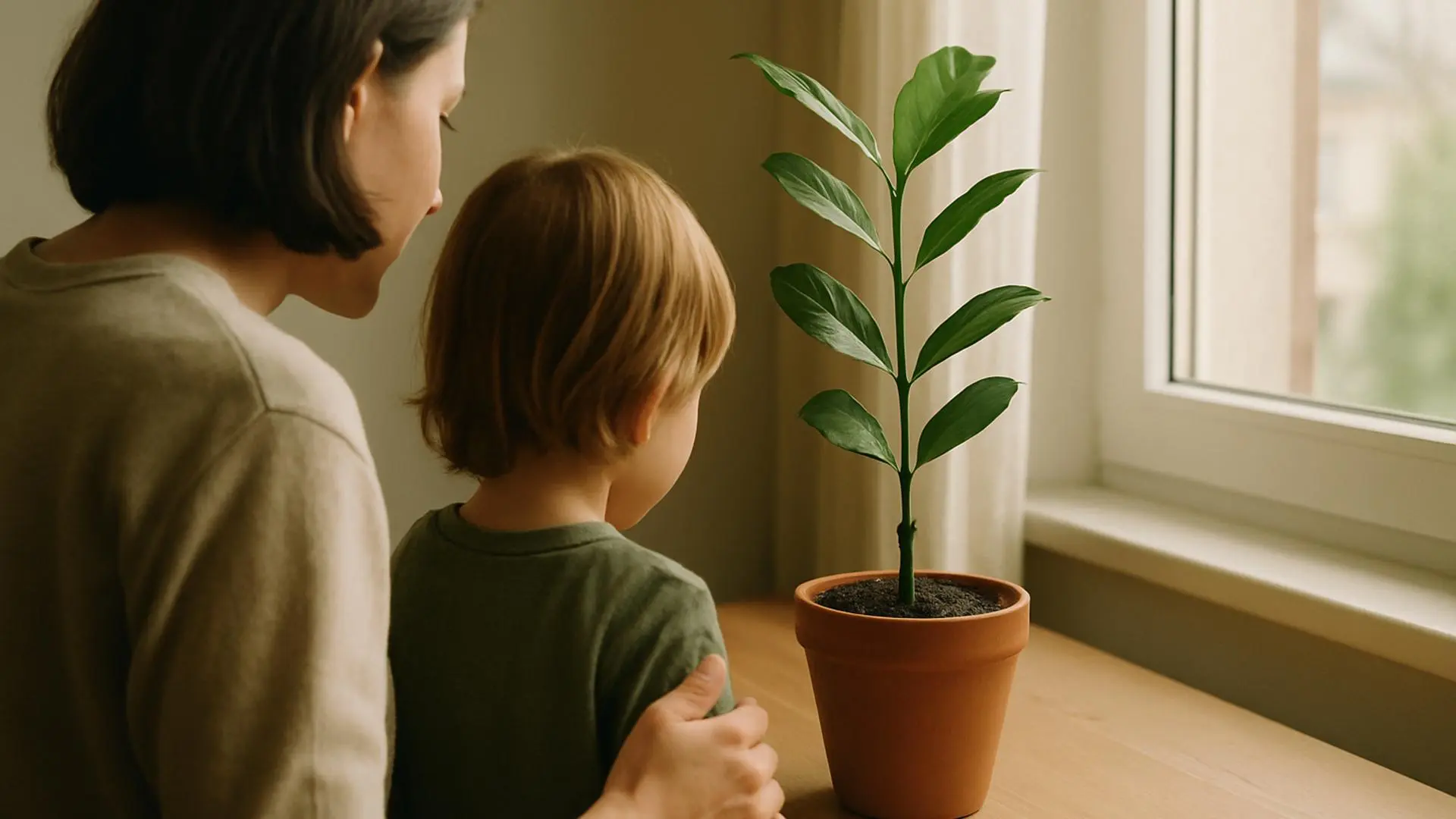 Un adulto y un niño observan una planta en maceta junto a una ventana.